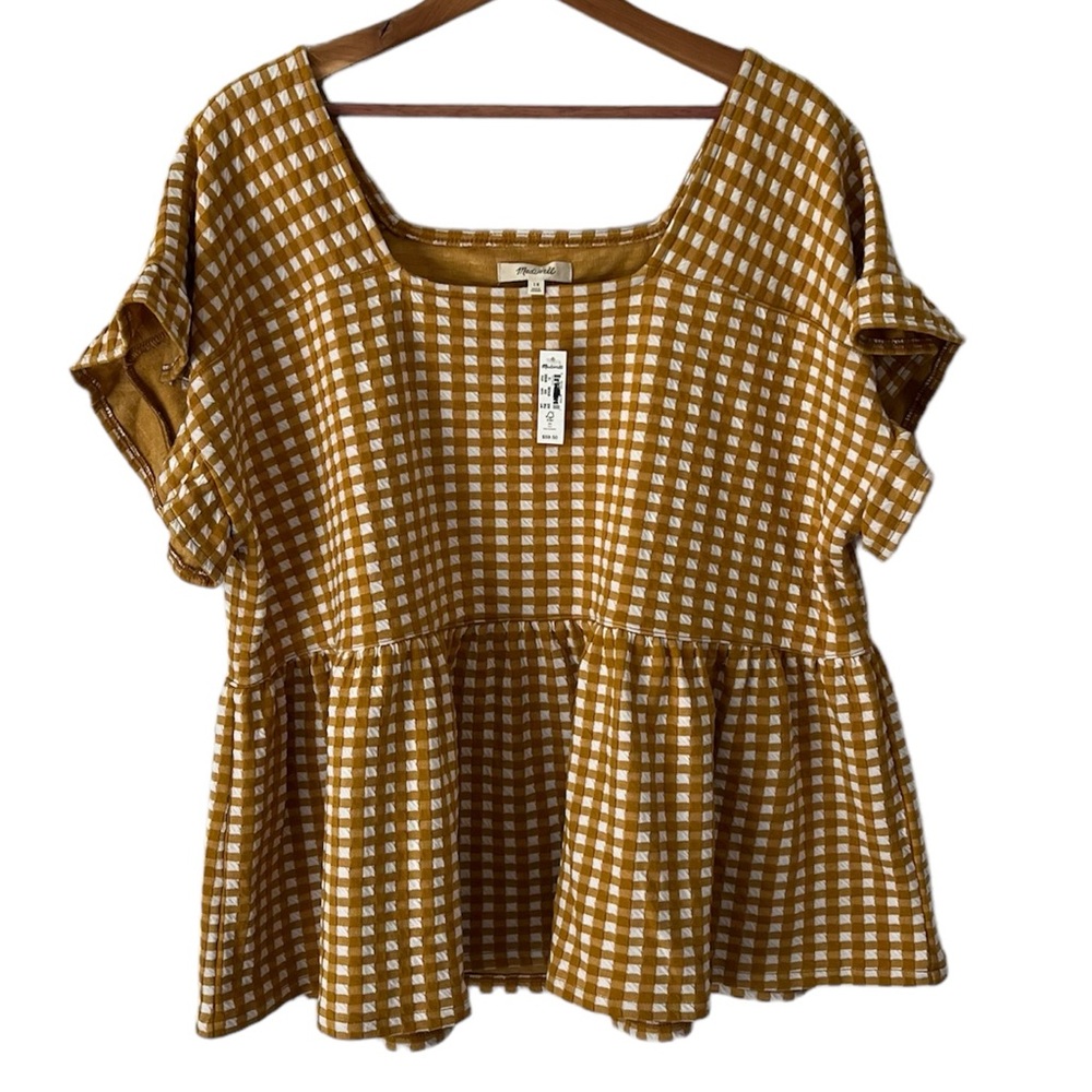 Madewell Gingham Knit Ruffle-Hem Blouse Size 1X NWT